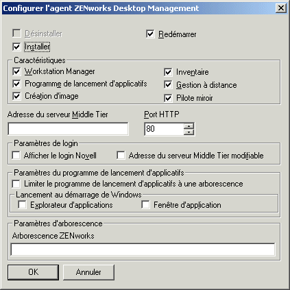 Bote de dialogue Configurer l'agent ZENworks Desktop Management.