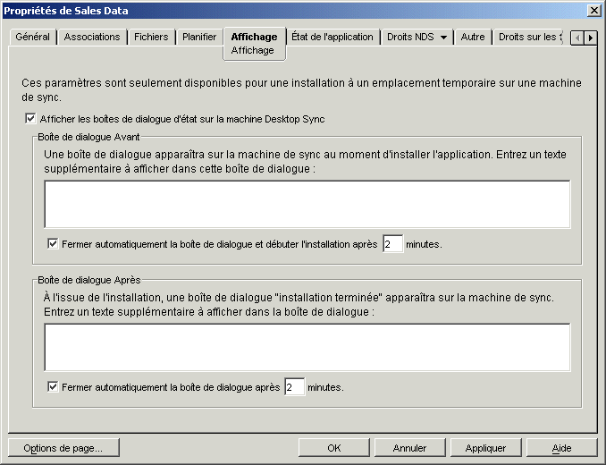 Page des proprits de l'objet Application