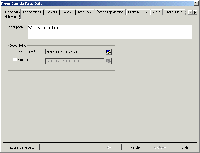 Page des proprits de l'objet Application