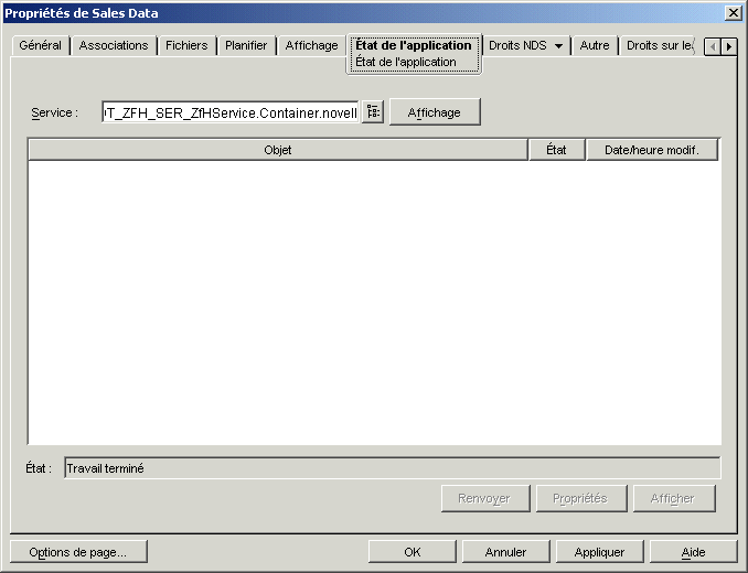 Page État de l'application d'un objet Application