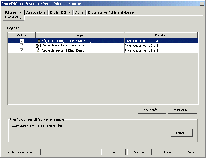 Page de proprits de l'ensemble Priphrique de poche dans laquelle la rgle de configuration BlackBerry est slectionne