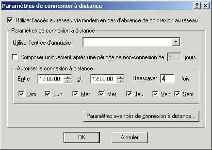 Bote de dialogue Paramtres de connexion  distance