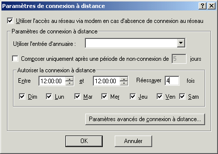 Boîte de dialogue Paramètres de connexion à distance