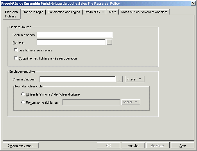 Proprits de l'ensemble Priphrique de poche : Bote de dialogue Rgle de rcupration de fichiers avec la page Fichiers affiche