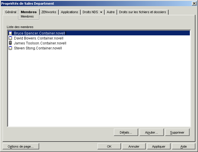 Page Membres de la bote de dialogue des proprits de l'objet Groupe