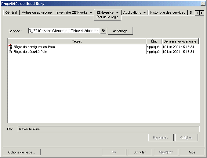 Proprits de l'objet Priphrique de poche avec affichage de la page tat de la rgle