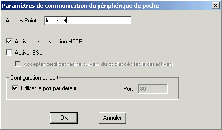 Boîte de dialogue Paramètres de communication du périphérique de poche