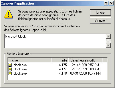 Bote de dialogue Ignorer l'application