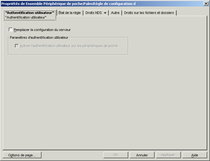 Page Authentification utilisateur de la rgle de configuration du client Palm