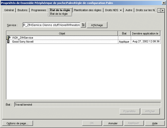 Proprits de la bote de dialogue Ensemble Priphrique de poche avec la page tat de la rgle affiche