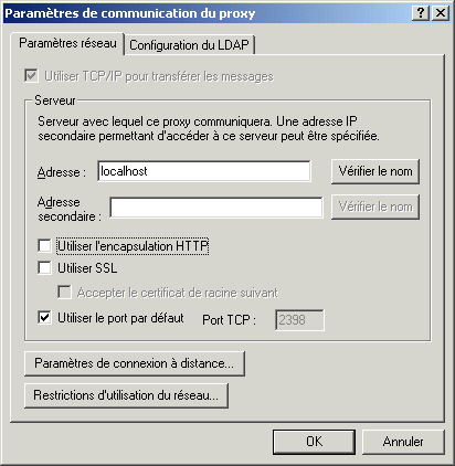 Boîte de dialogue Paramètres de communication du proxy