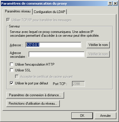 Bote de dialogue des paramtres de communications du serveur proxy