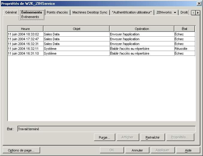 Proprits de l'objet Service ZENworks Handheld Management affiches dans la page vnements