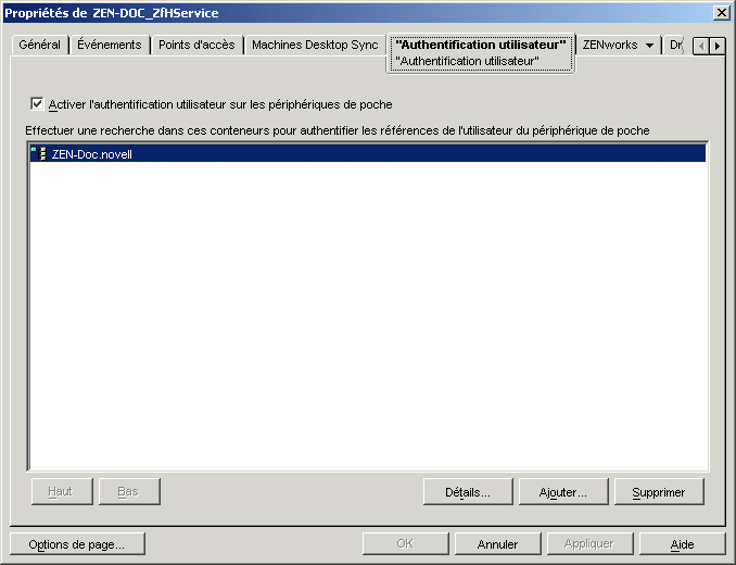 Page Authentification utilisateur des proprits de l'objet Service ZENworks Handheld Management