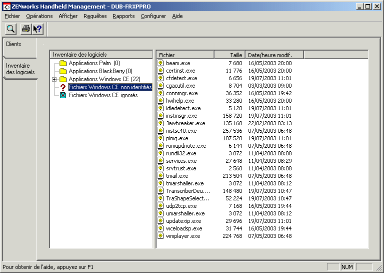 Page Inventaire des logiciels avec l'icne Fichiers Windows CE non identifis slectionne