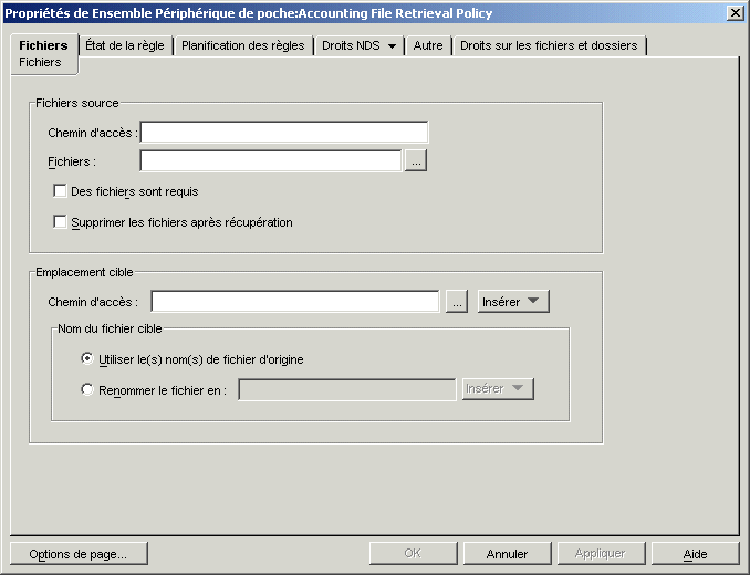 Proprits de l'ensemble Priphrique de poche : Bote de dialogue Rgle de rcupration de fichiers avec la page Fichiers affiche