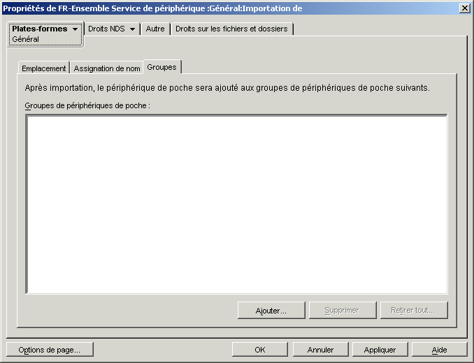 Page Groupes de la bote de dialogue Proprits de l'ensemble Service de priphrique de poche