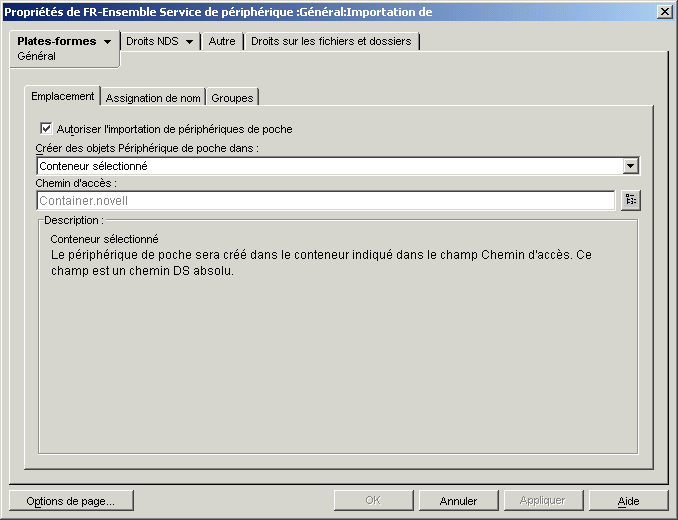 Page Gnral de la bote de dialogue Proprits de l'ensemble Service de priphrique de poche.