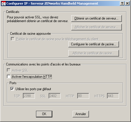Bote de dialogue Configurer IP - Serveur ZENworks Handheld Management