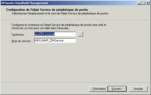 Page Configuration de l'objet Service de priphrique de poche