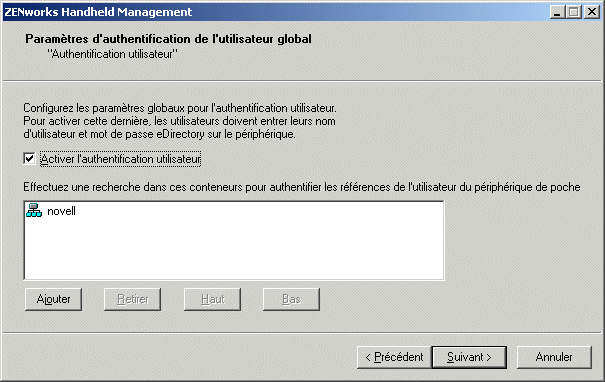 Page Paramtres d'authentification de l'utilisateur global