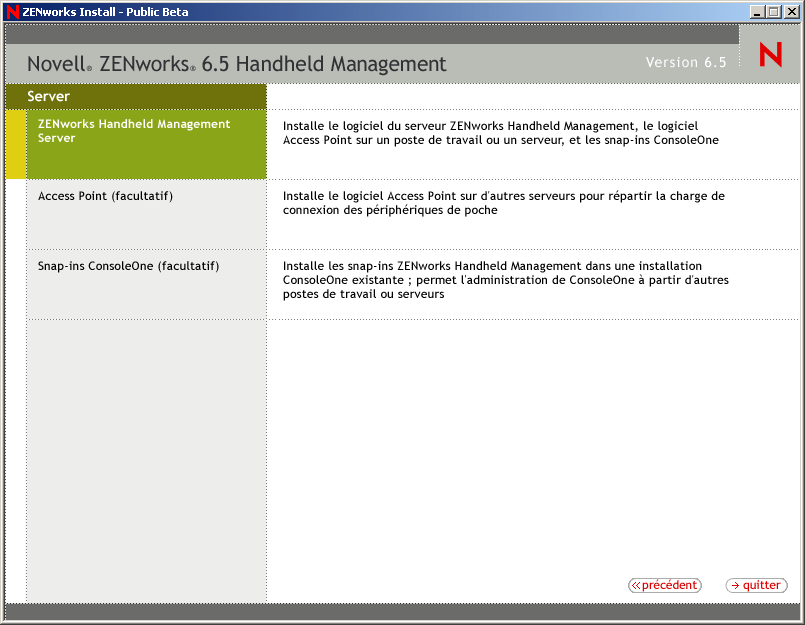 Page Installation du serveur ZENworks Handheld Management