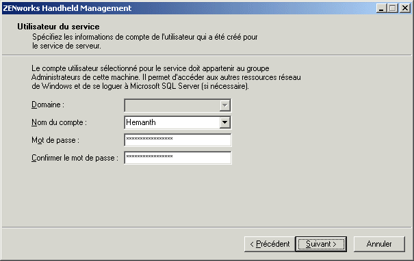 Bote de dialogue Utilisateur du service