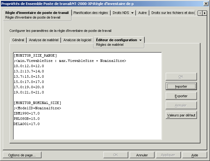 Configuration du fichier HWRules.ini dans la boîte de dialogue Inventaire de poste de travail