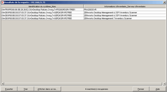 Fenêtre Résultats de la requête