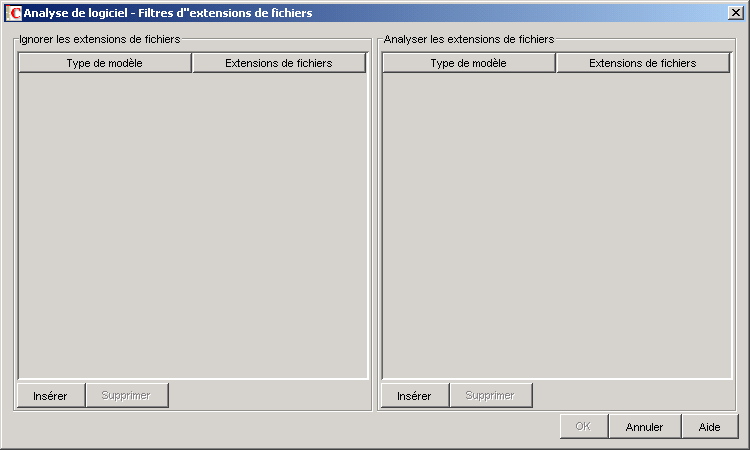 Boîte de dialogue Analyse de logiciel - Filtres d'extensions de fichier