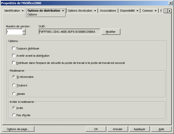 Page Options de distribution de l'objet Application