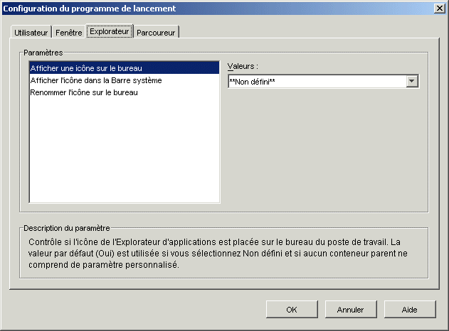 Boîte de dialogue Configuration du programme de lancement avec onglet Explorateur affiché