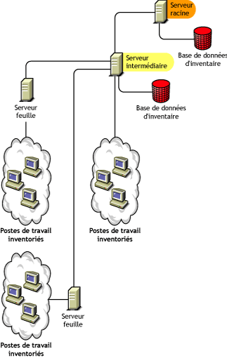 Le serveur racine au niveau le plus élevé, un serveur intermédiaire avec base de données au niveau inférieur attachée au serveur racine, et des serveurs feuille attachés au serveur intermédiaire avec base de données.