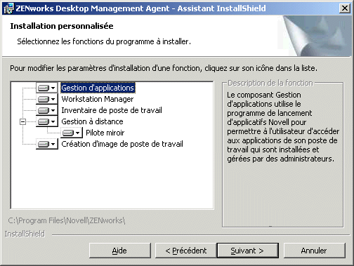 Page des fonctions disponibles de l'assistant d'installation de l'agent ZENworks Desktop Management