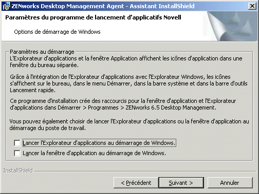 Page Programme de lancement d'applicatifs Novell/Options de démarrage de Windows de l'assistant d'installation de l'agent ZENworks Desktop Management