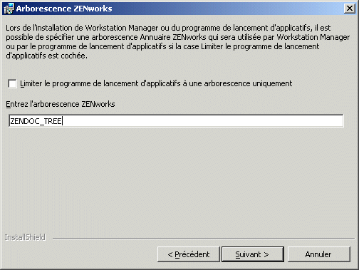 Page Arborescence Annuaire ZENworks de l'assistant d'installation de l'agent ZENworks Desktop Management