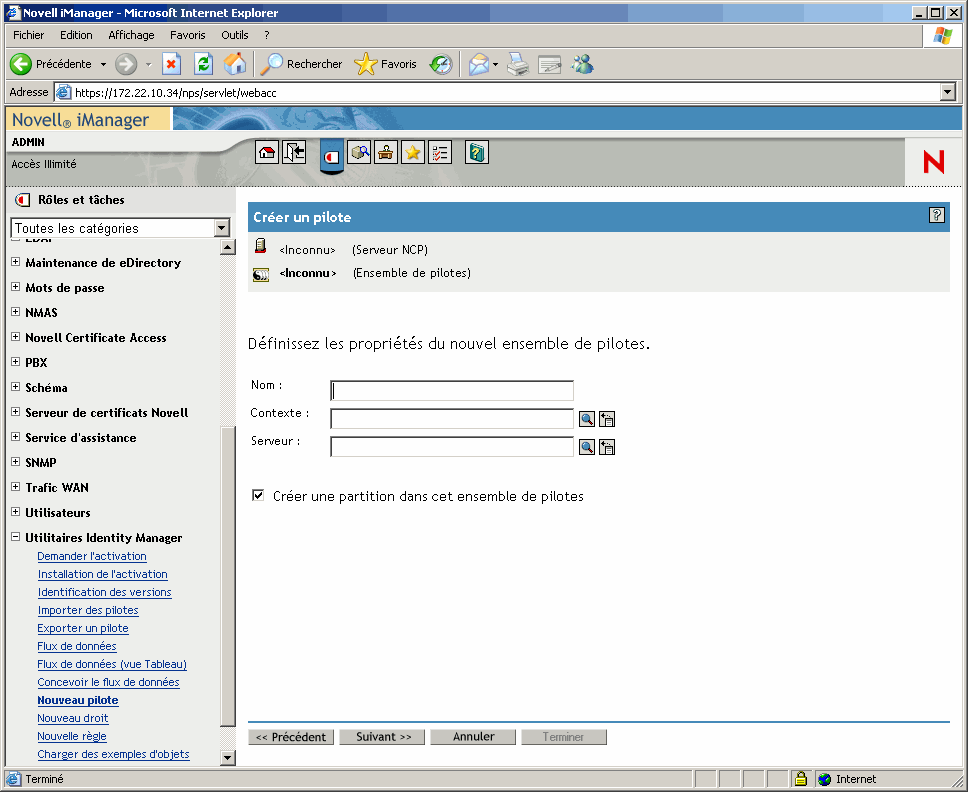 Assistant de création de pilotes ouvert sur la page principale de Novell iManager.