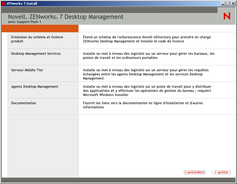 Page ZENworks Desktop Management de l'assistant d'installation de ZENworks. Cette page contient les options Extension du schéma et licence produit, Services Desktop Management, Serveur Middle Tier, Agents Desktop Management et Documentation.