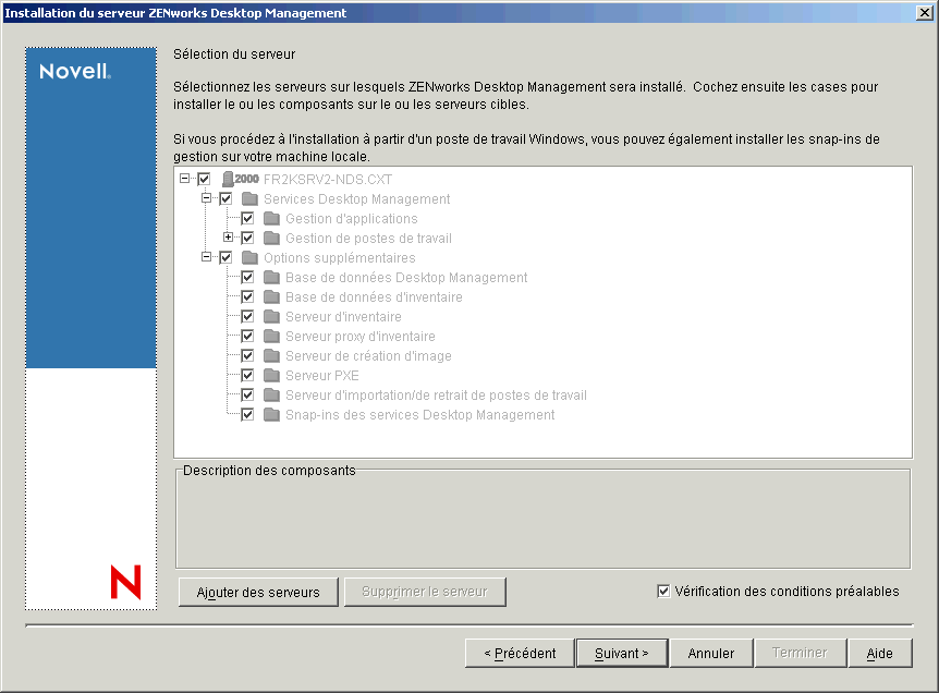 Programme d'installation du serveur ZENworks 7 Desktop Management, page Sélection du serveur
