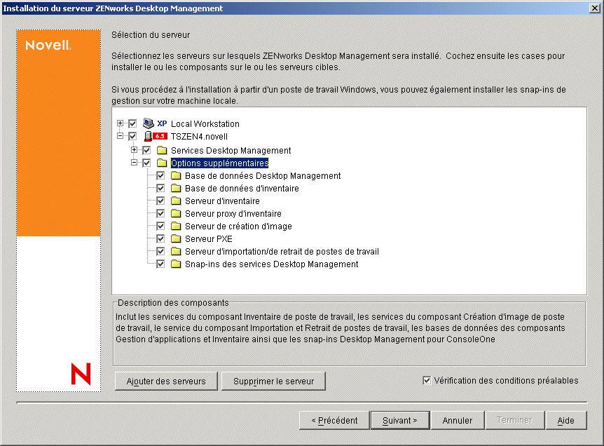 Page Sélection du serveur de l'assistant d'installation des services ZENworks Desktop Management. Les composants Desktop Management disponibles sont listés comme options d'installation.