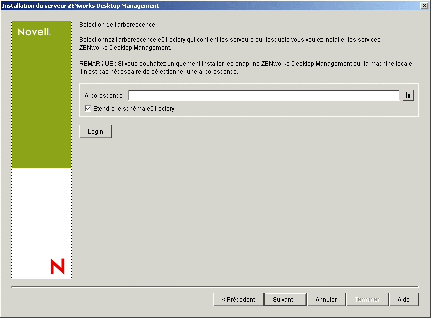 Page Sélection de l'arborescence de l'assistant d'installation du serveur ZENworks Desktop Management