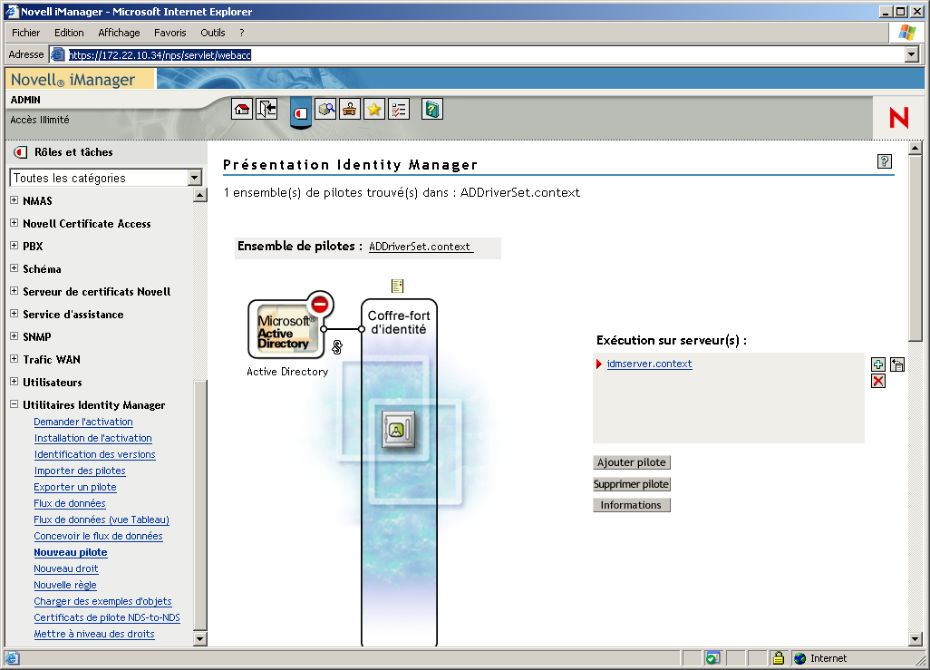 Page de configuration Active Directory - eDirectory de l'utilitaire Présentation DirXML dans Novell iManager.