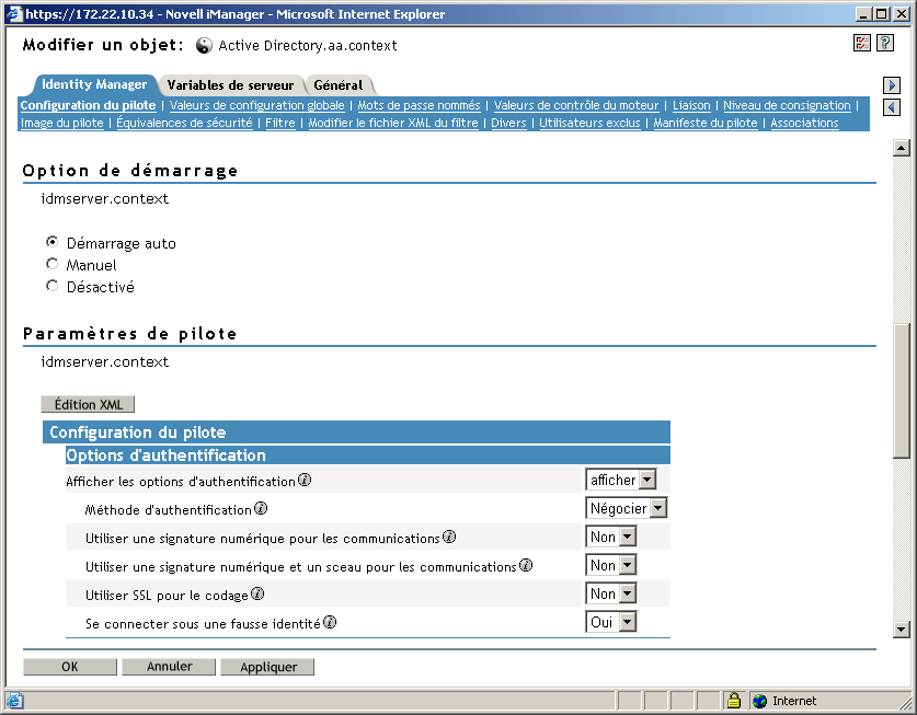 Fenêtre Modifier un objet de l'utilitaire Présentation DirXML dans Novell iManager.