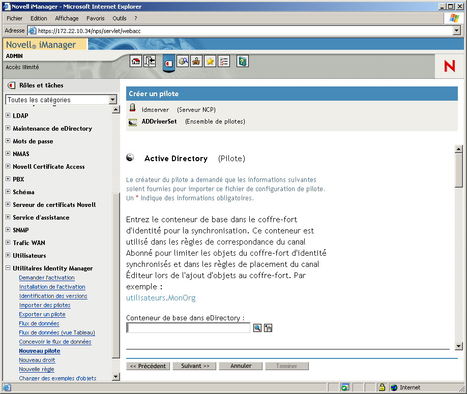 Assistant de création de pilotes ouvert sur la page principale de Novell iManager. La page Ensemble de pilotes Active Directory est ouverte.