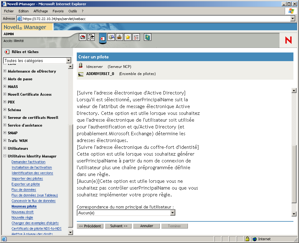 Assistant de création de pilotes ouvert sur la page principale de Novell iManager. La page Ensemble de pilotes Active Directory est ouverte.
