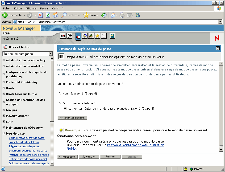 Page Étape 2 de l'Assistant de stratégie de mot de passe dans Novell iManager.