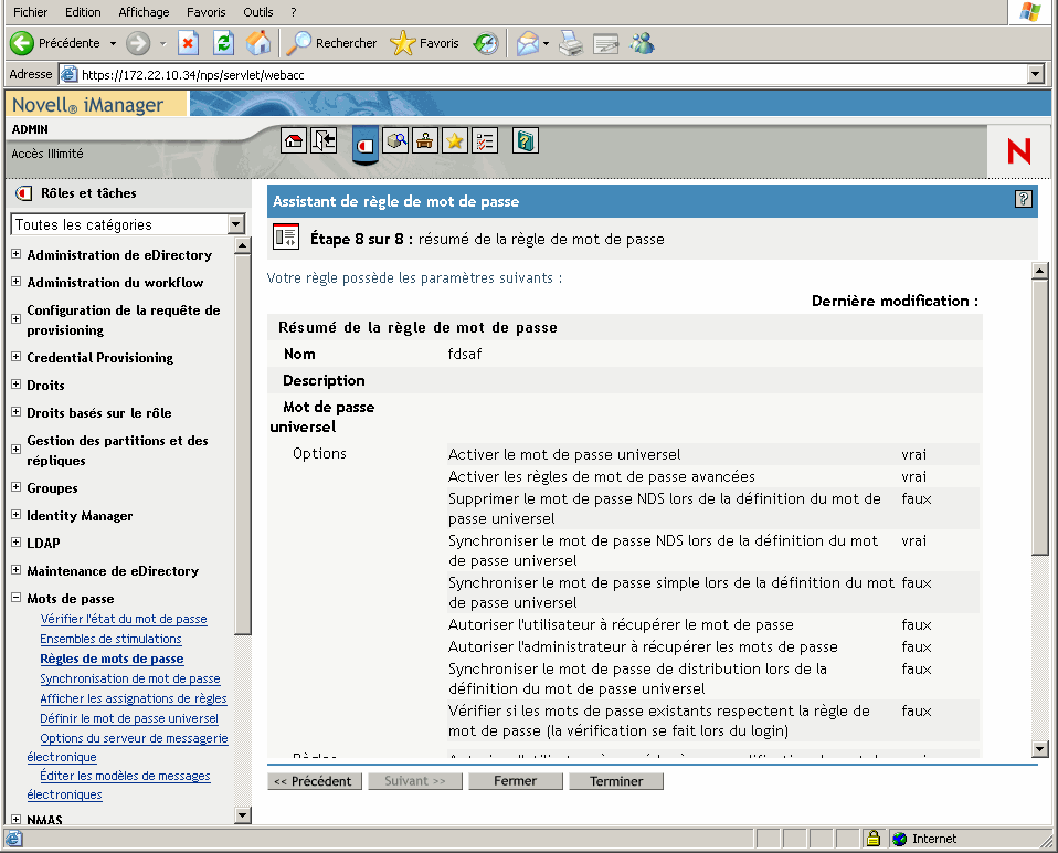 Page Étape 8 de l'Assistant de stratégie de mot de passe avec le Résumé de la stratégie de mot de passe affiché.
