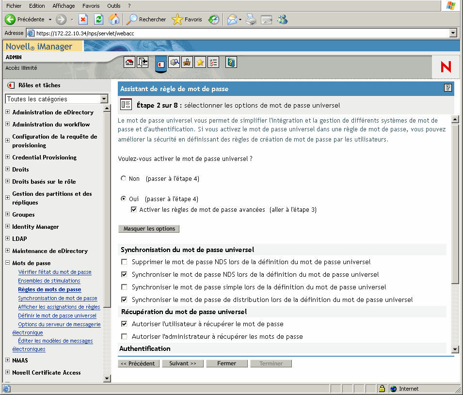 Page Étape 2 de l'Assistant de stratégie de mot de passe avec les options de synchronisation des mots de passe affichées.