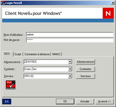 Boîte de dialogue de login du client Novell avec la configuration de login NDS avancé ouverte.