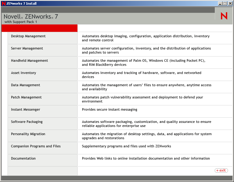 Page d'ouverture du programme d'installation de ZENworks, présentant les principales options d'installation
